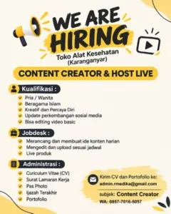 Lowongan Kerja Content Creator & Host Live di Rahman Medika (Toko Alat Kesehatan) (Karanganyar)