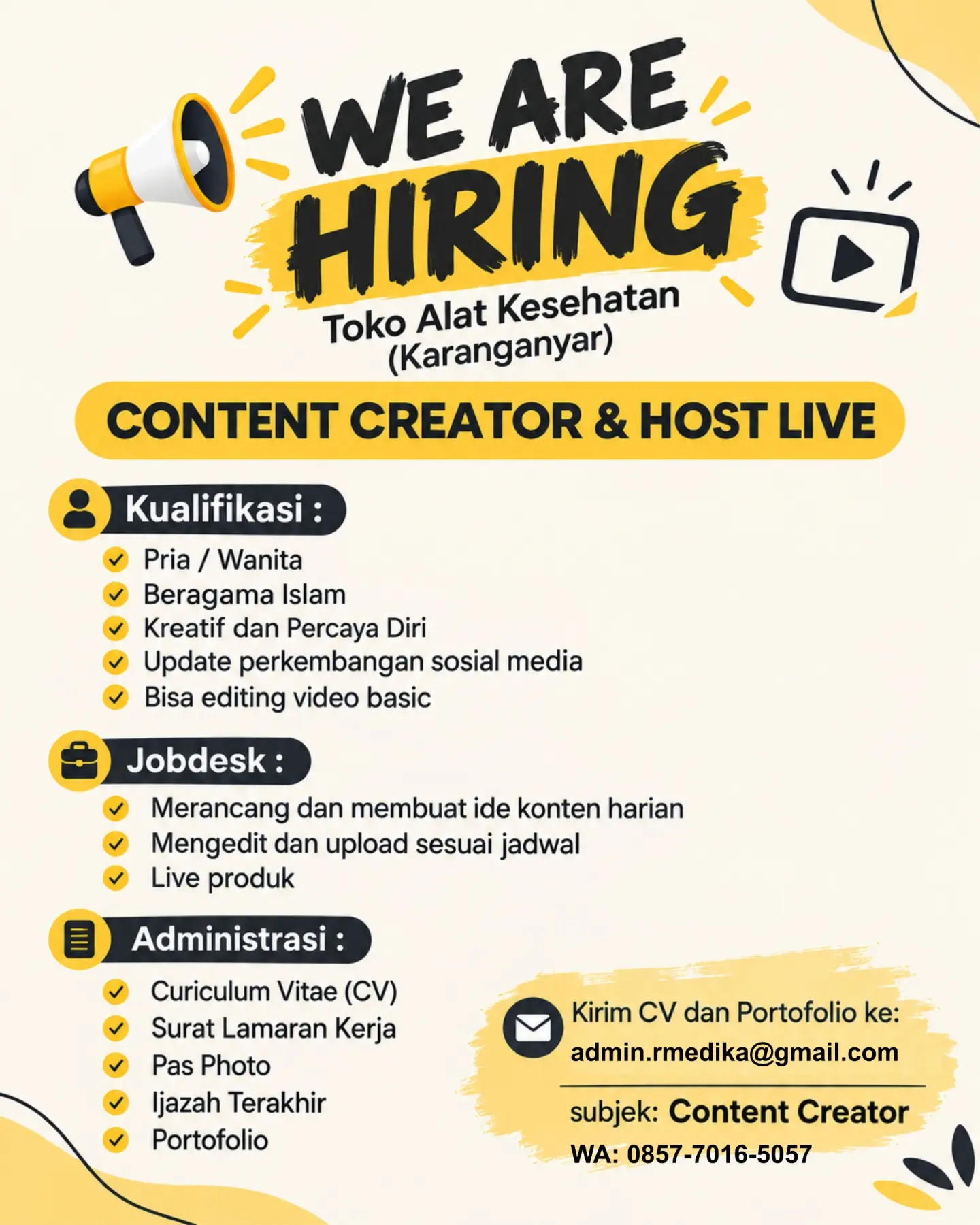 Poster Lowongan Kerja Content Creator & Host Live - Rahman Medika (Toko Alat Kesehatan)