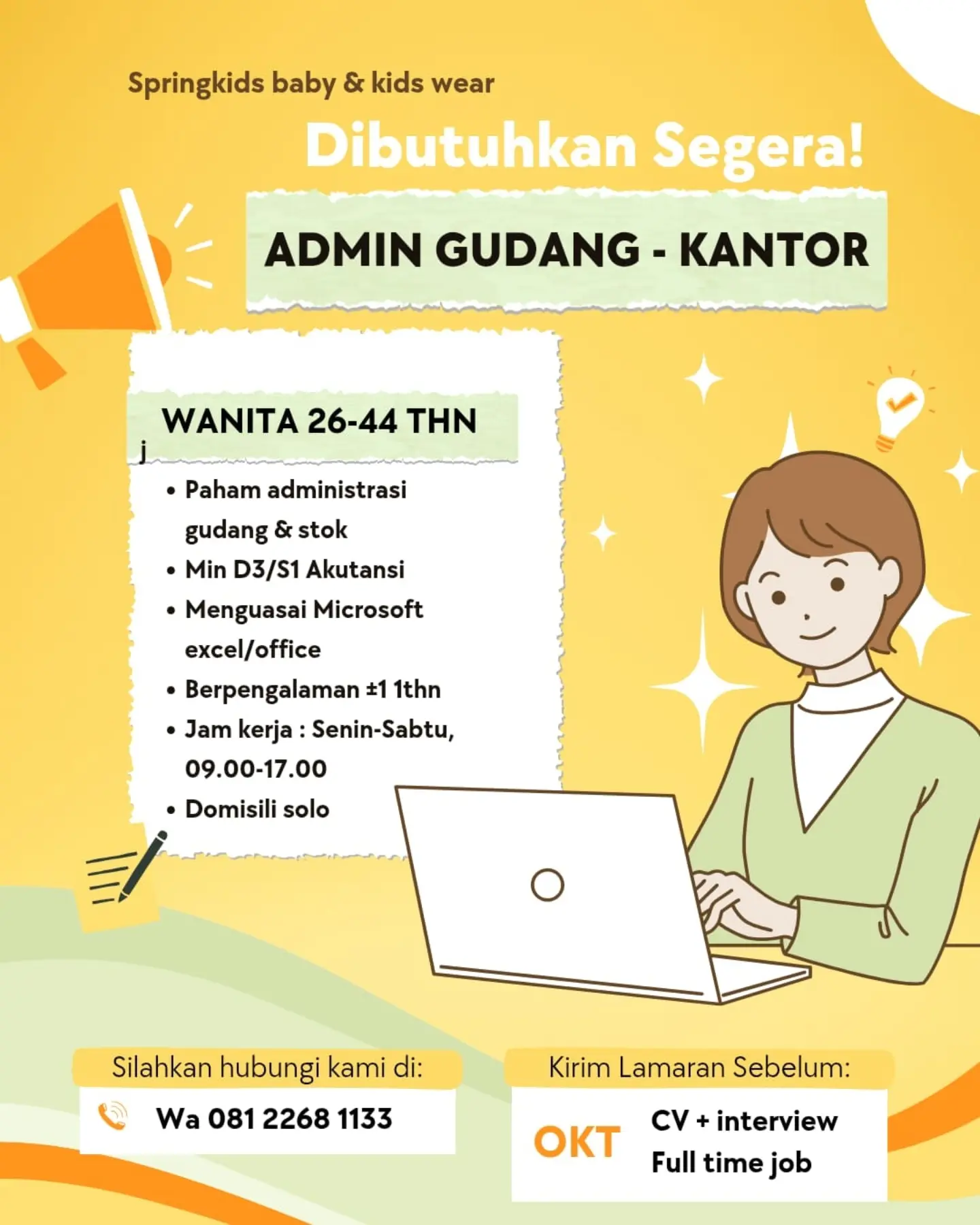Poster Lowongan Kerja Admin Gudang - Kantor - Springkids Baby & Kids Wear