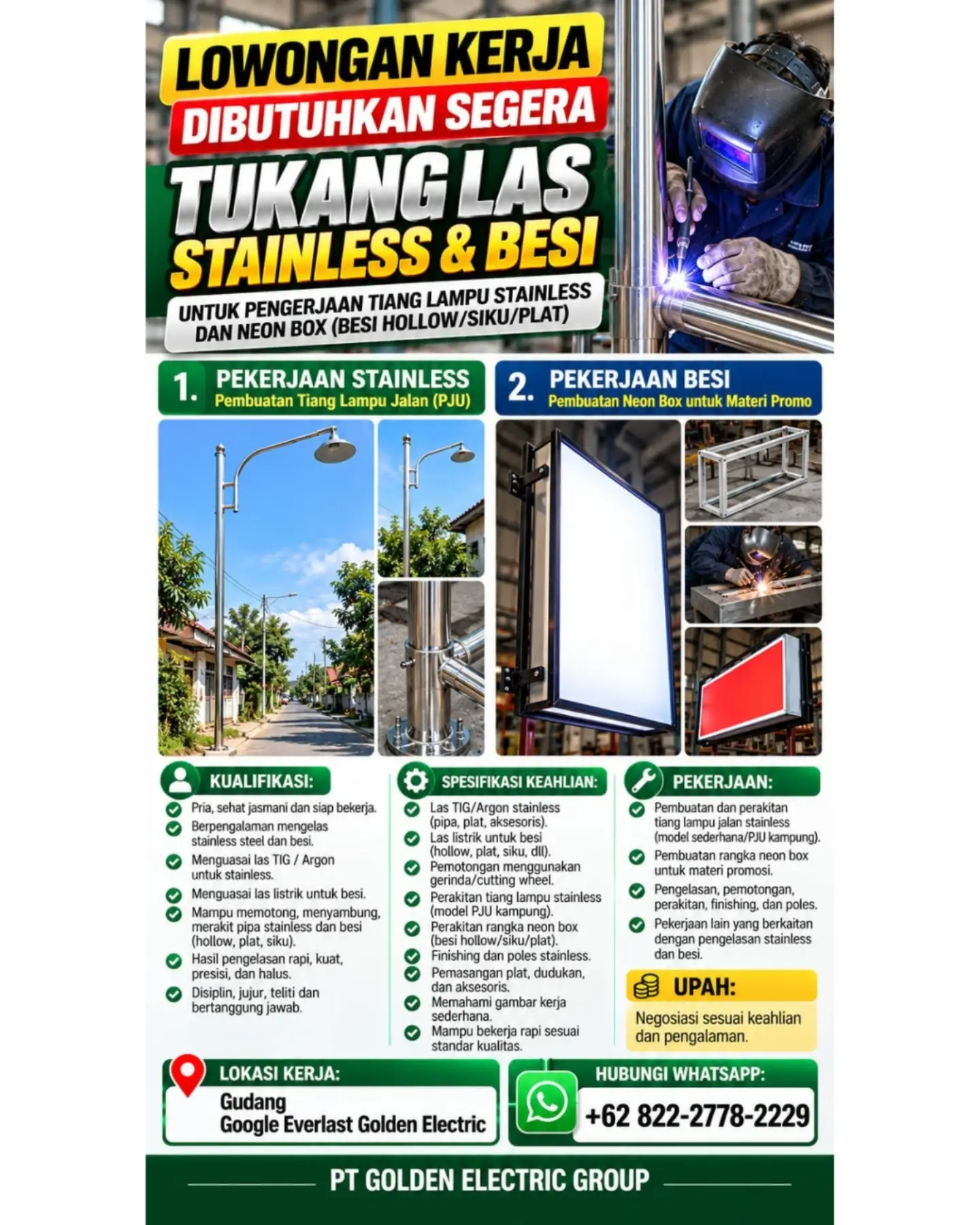 Poster Lowongan Kerja Tukang Las Stainless & Besi - PT Golden Electric Group