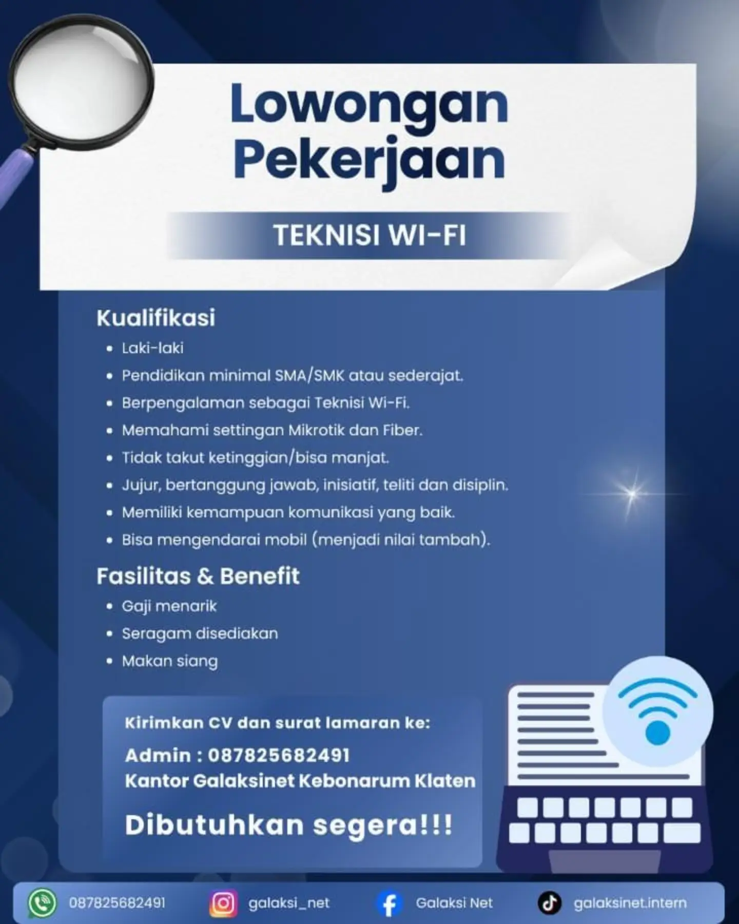 Poster Lowongan Kerja Teknisi Wi-Fi - Galaksinet