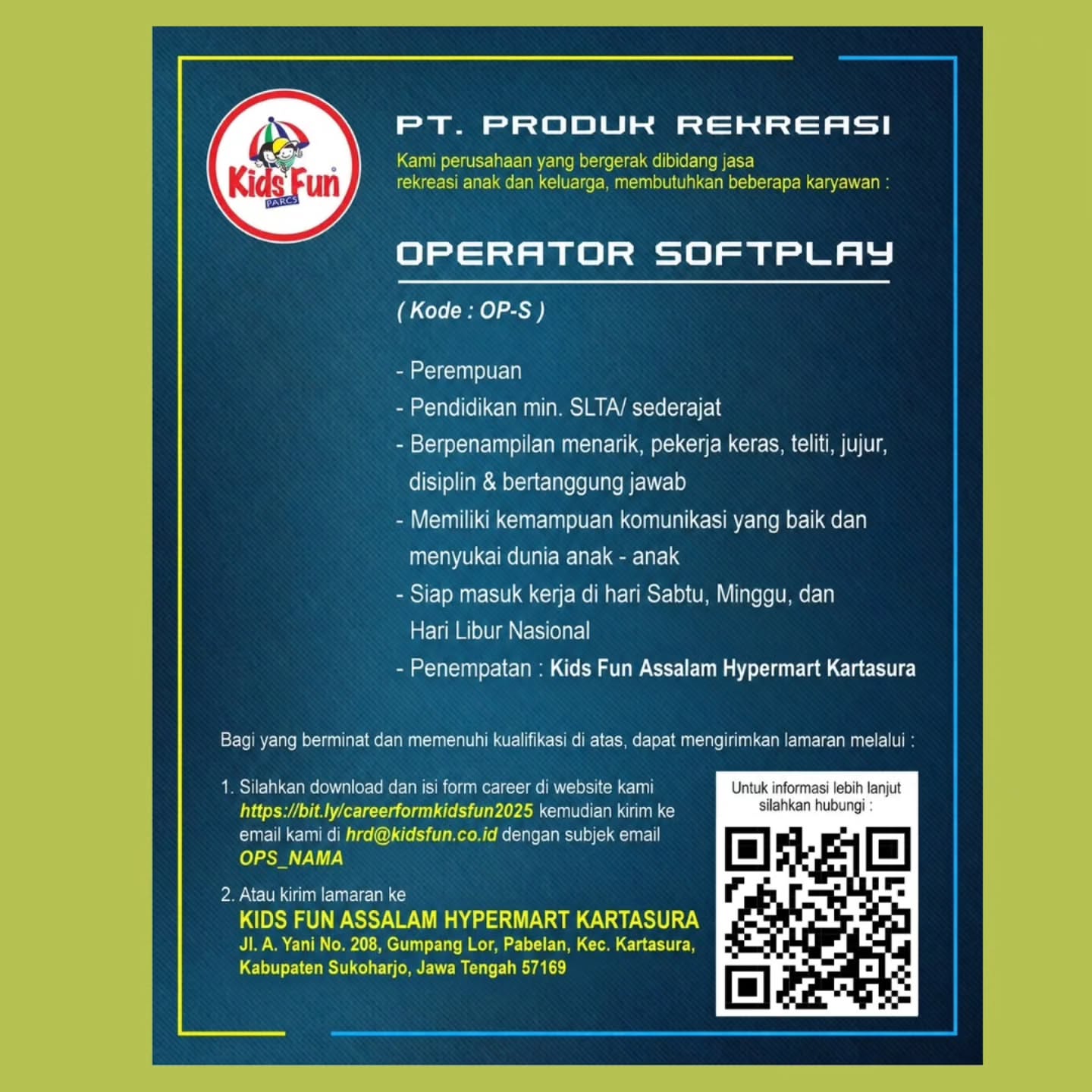 Poster Lowongan Kerja TEKNISI - PT. PRODUK REKREASI (KIDS FUN)