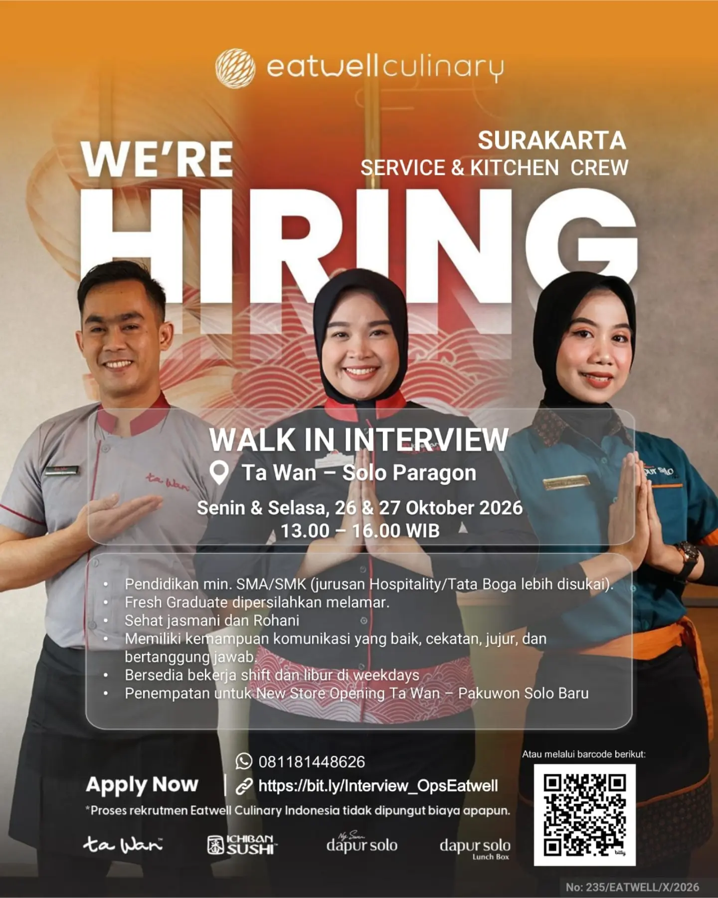 Poster Lowongan Kerja Eatwell Culinary (Ta Wan)