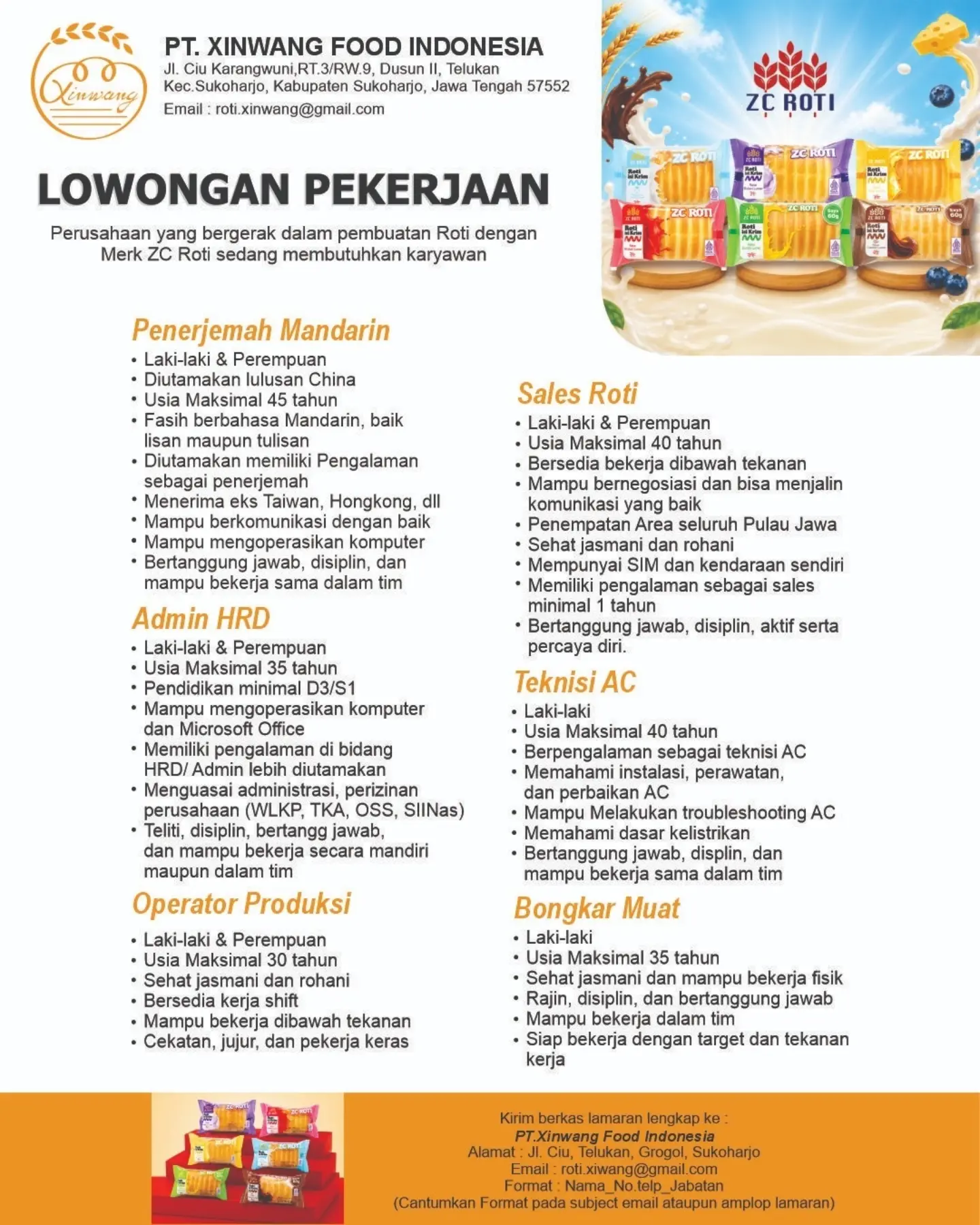 Poster Lowongan Kerja PT. Xinwang Food Indonesia (ZC Roti)