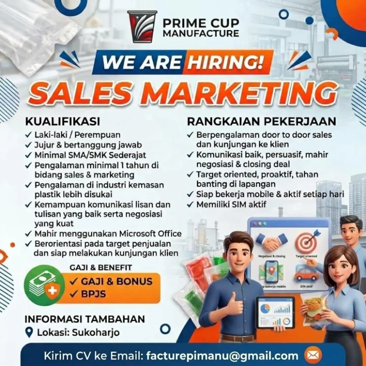 Poster Lowongan Kerja Sales Marketing - Prime Cup Manufacture