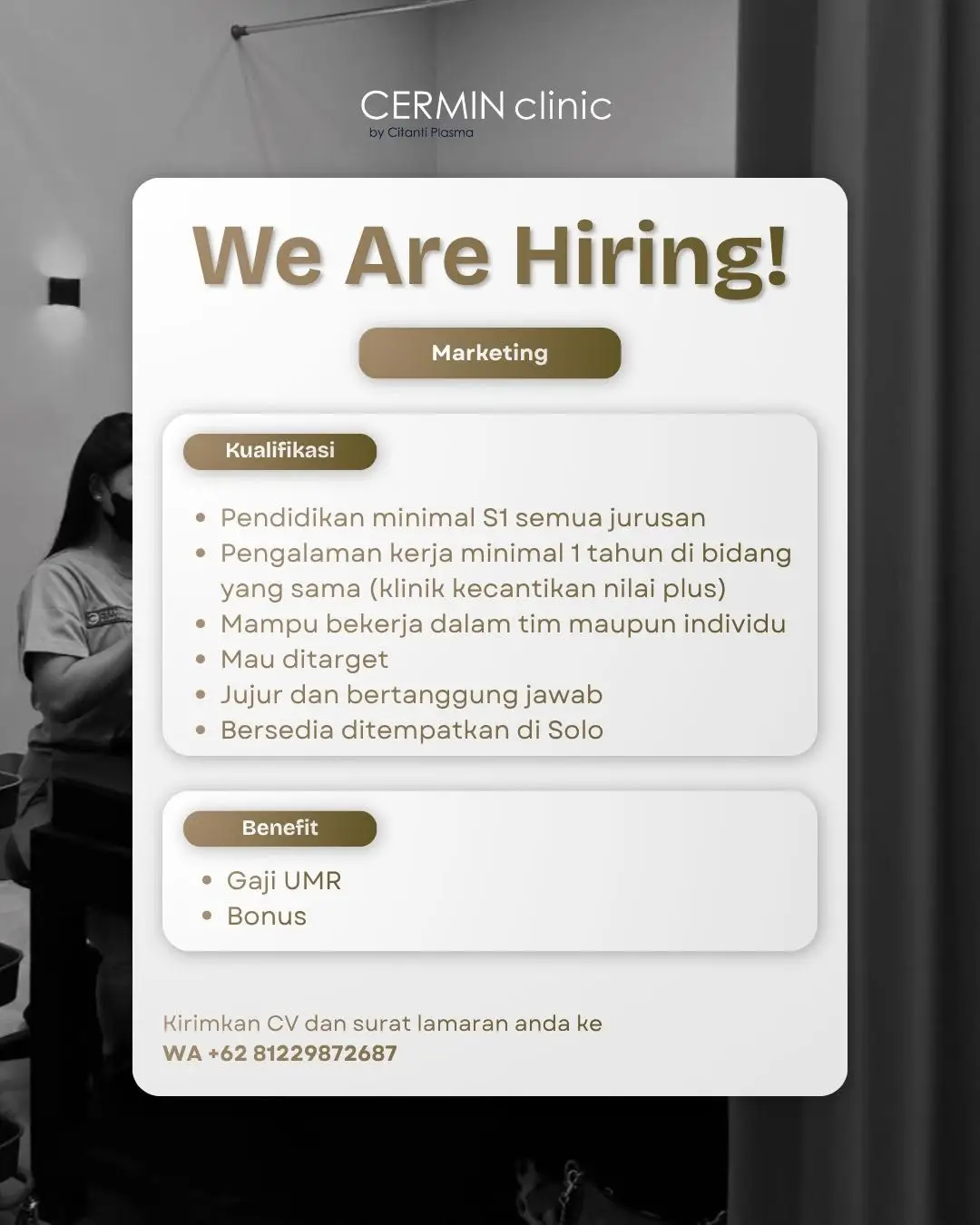 Poster Lowongan Kerja Marketing - CERMIN clinic by Citanti Plasma