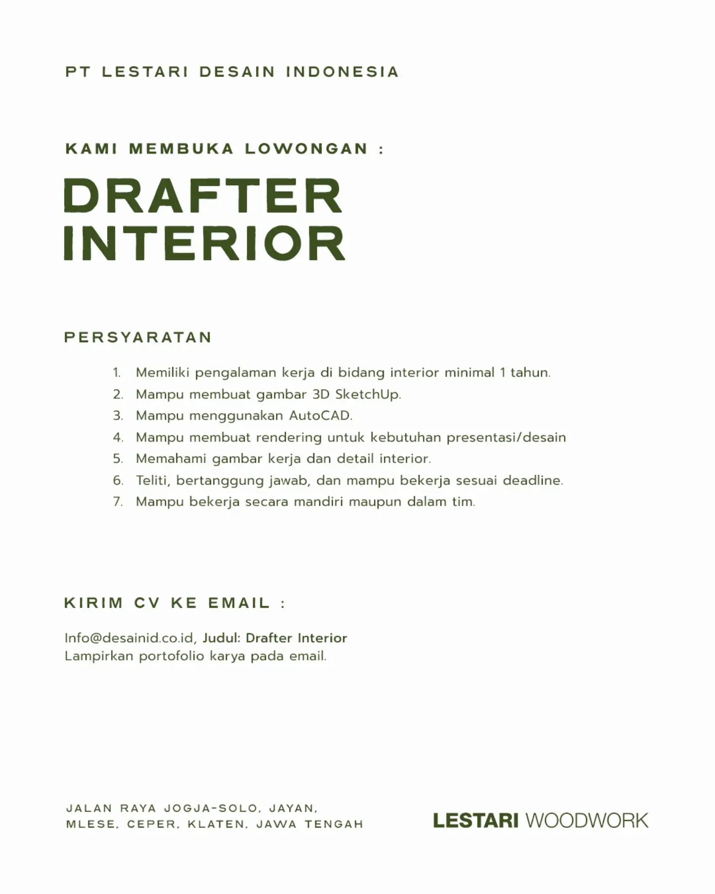 Poster Lowongan Kerja PT Lestari Desain Indonesia (Lestari Woodwork) Slide 1