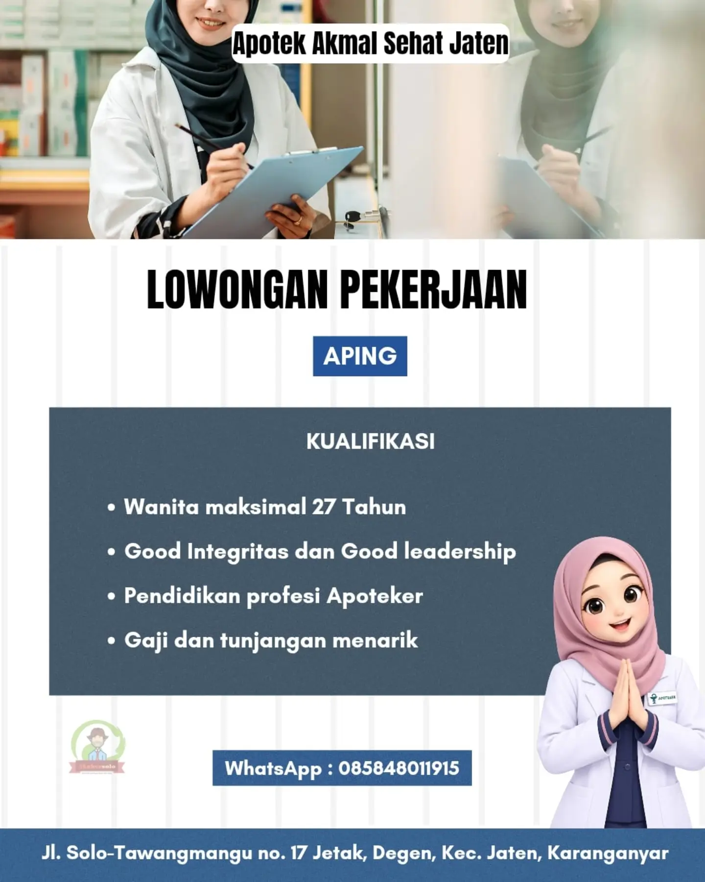 Poster Lowongan Kerja APING (Apoteker Pendamping) - Apotek Akmal Sehat Jaten
