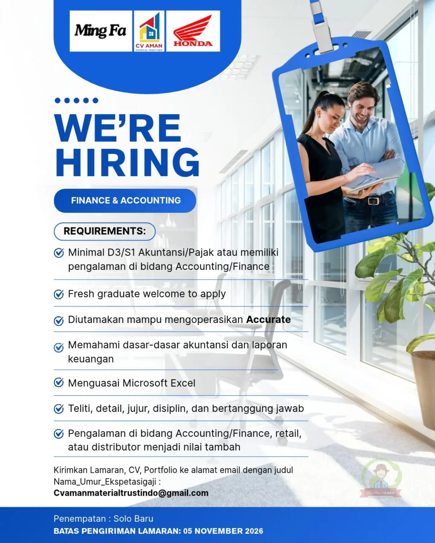 Poster Lowongan Kerja Finance & Accounting - CV Aman Material Trustindo