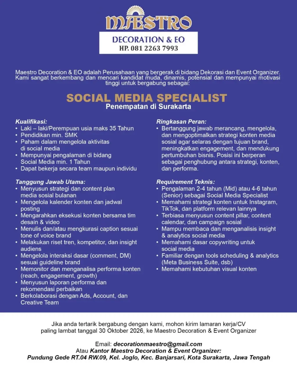 Poster Lowongan Kerja Social Media Specialist - Maestro Decoration & EO