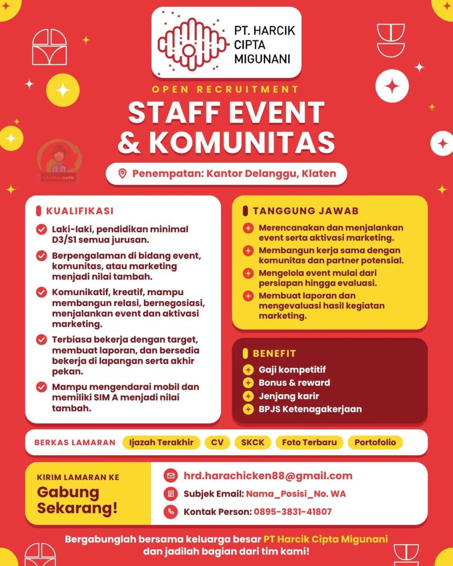Poster Lowongan Kerja Staff Event & Komunitas - PT Harcik Cipta Migunani