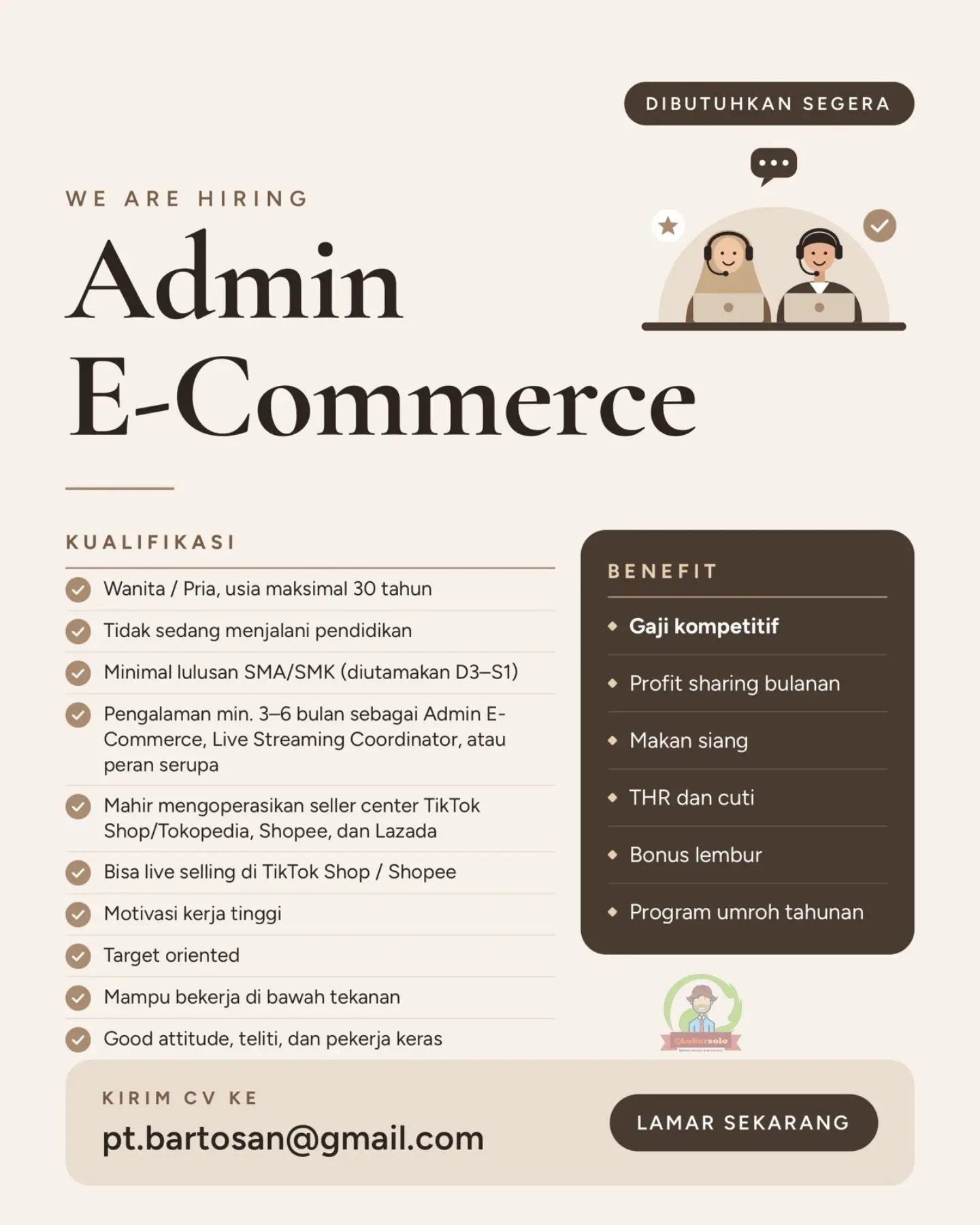 Poster Lowongan Kerja Admin E-Commerce - Kamalin Fashion (PT Bartosan)