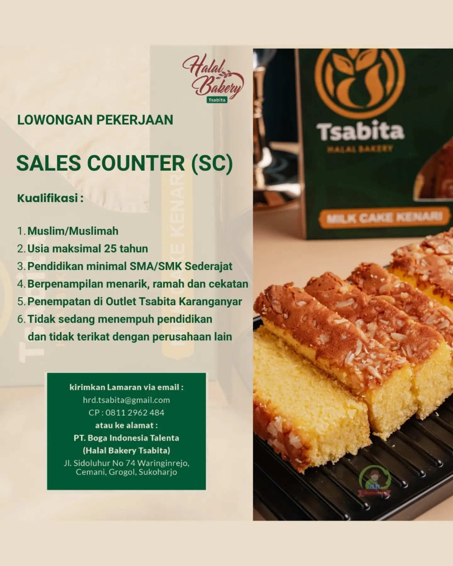 Poster Lowongan Kerja Halal Bakery Tsabita (PT. Boga Indonesia Talenta) Slide 1