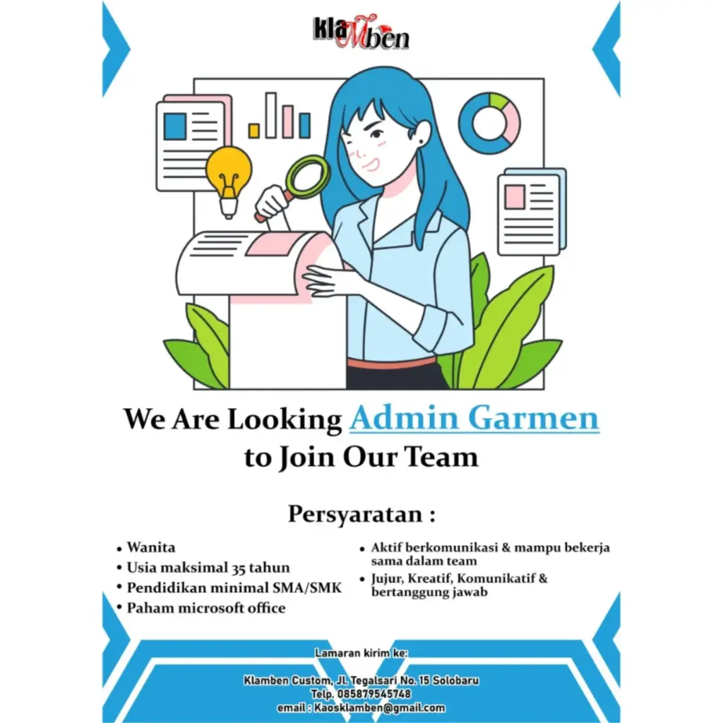 Poster Lowongan Kerja Admin Garmen - Klamben Custom