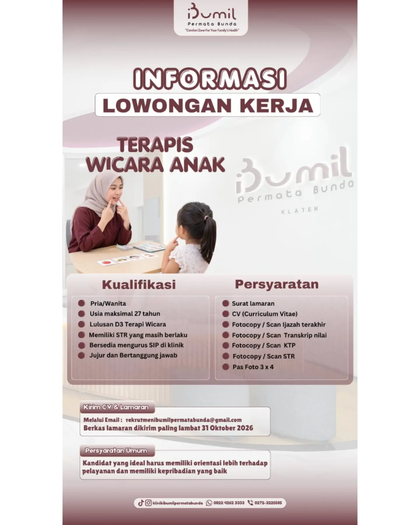 Poster Lowongan Kerja Terapis Wicara Anak - Klinik Ibumil Permata Bunda