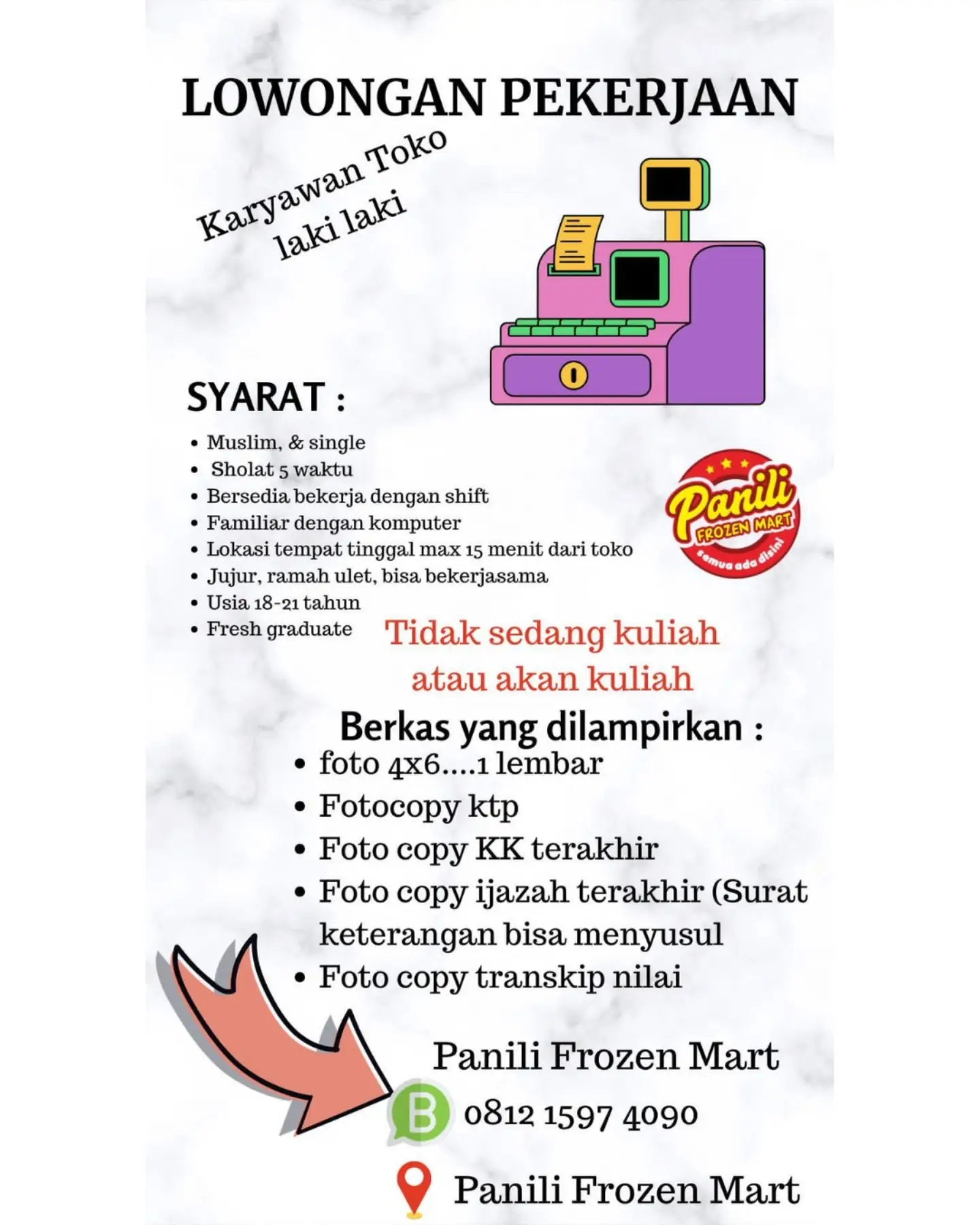 Poster Lowongan Kerja Karyawan Toko Laki-laki - Panili Frozen Mart