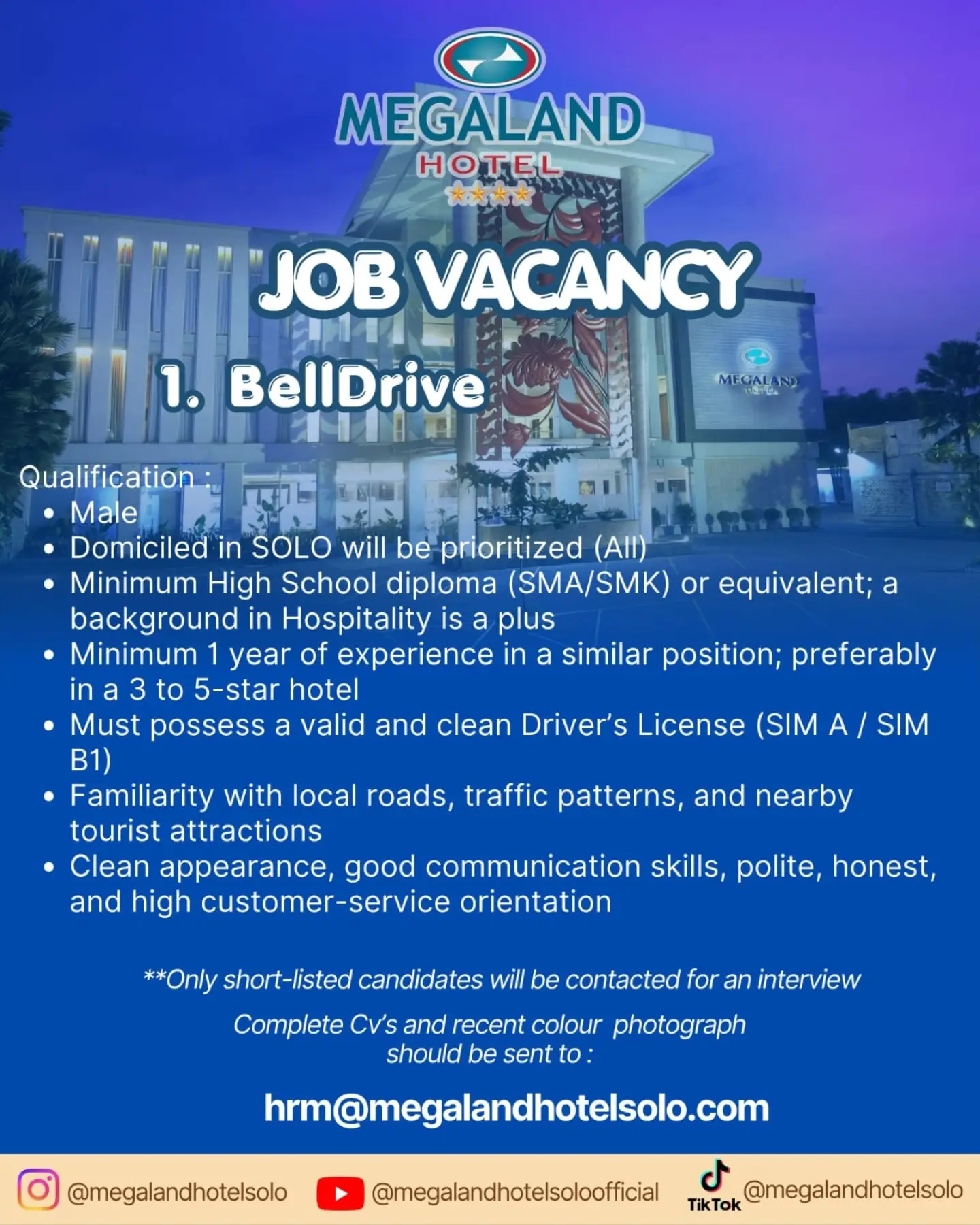 Poster Lowongan Kerja BellDrive - Megaland Hotel Solo