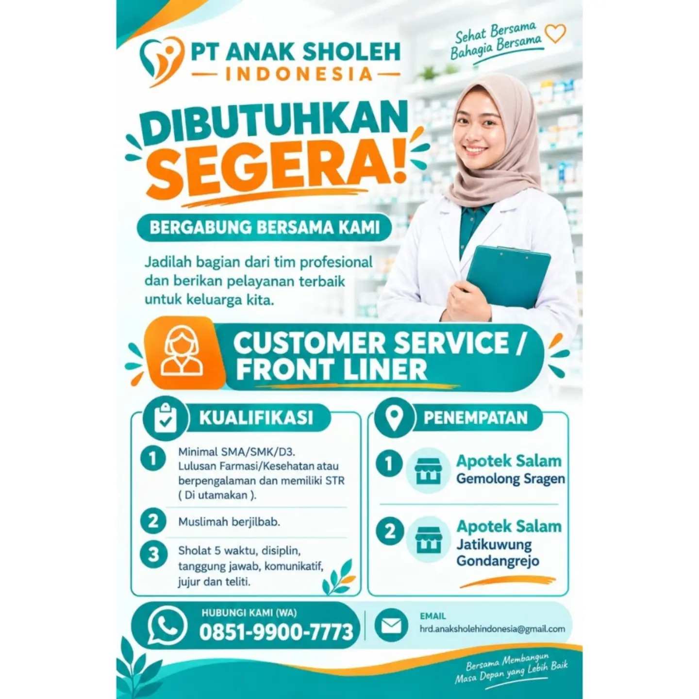 Poster Lowongan Kerja PT Anak Sholeh Indonesia (Apotek Salam)