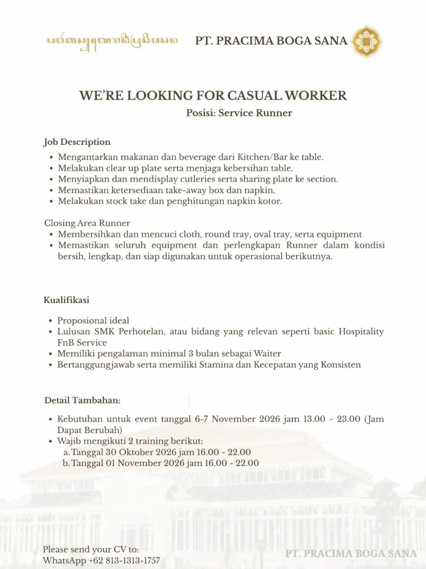Poster Lowongan Kerja Casual Worker - Service Runner - PT. Pracima Boga Sana