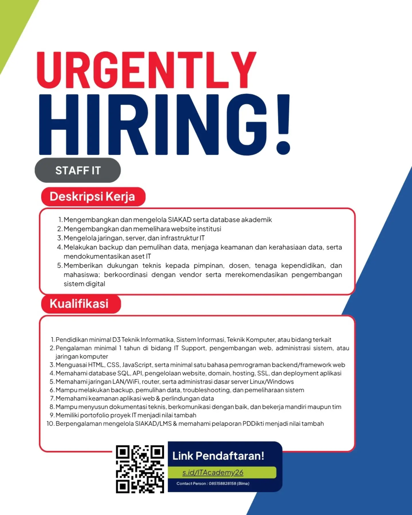 Poster Lowongan Kerja Staff IT - Institusi Akademik Solo