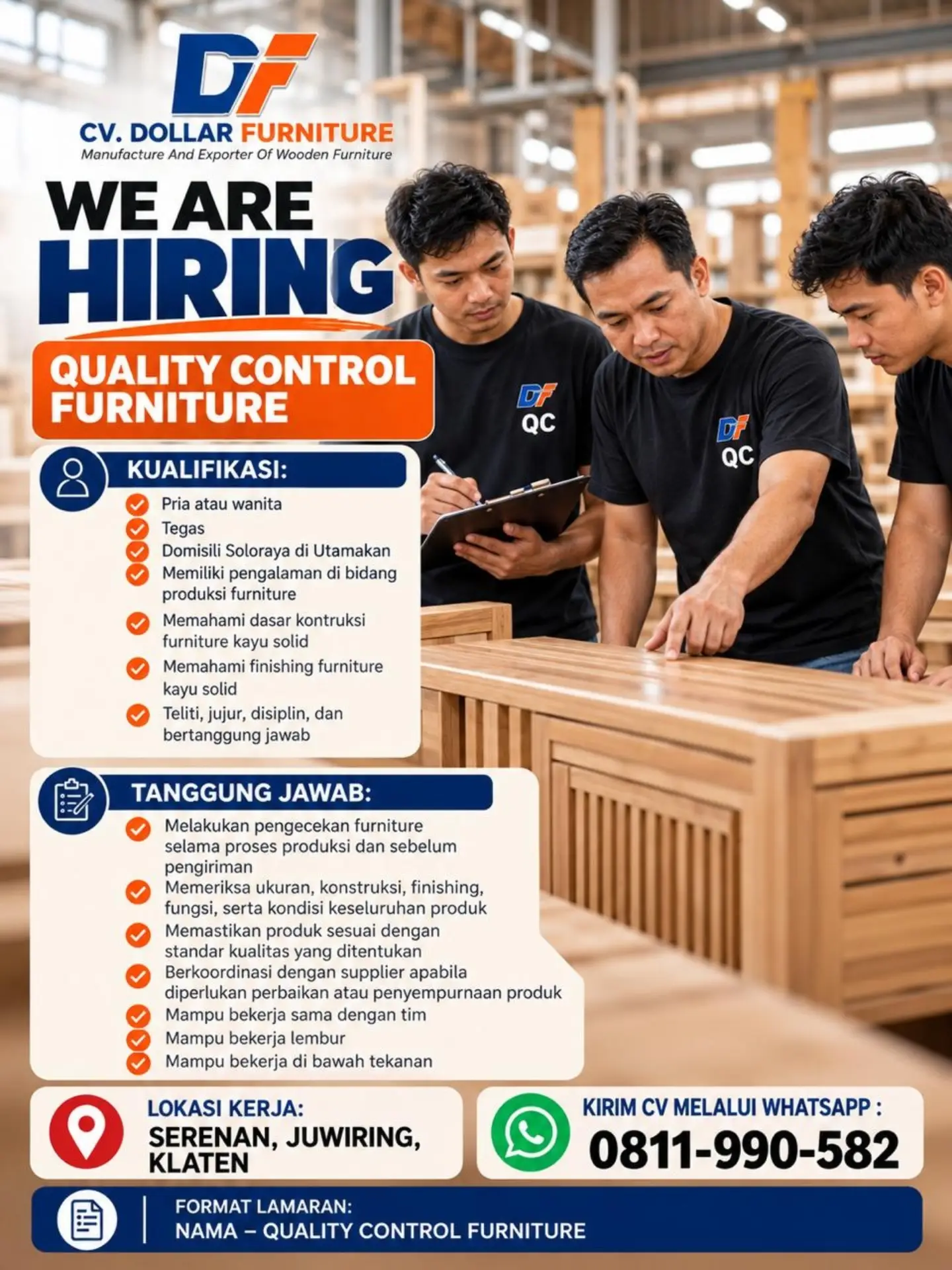 Poster Lowongan Kerja Quality Control Furniture - CV. Dollar Furniture