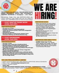Lowongan Kerja di PT HEAT EXCHANGER MANUFACTURING INDONESIA (8 Posisi (Drafter Teknik Mesin, Engineering, dll)) – Karanganyar