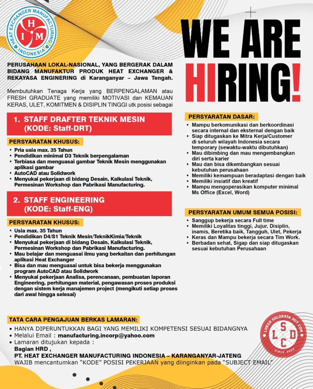 Poster Lowongan Kerja PT HEAT EXCHANGER MANUFACTURING INDONESIA Slide 1