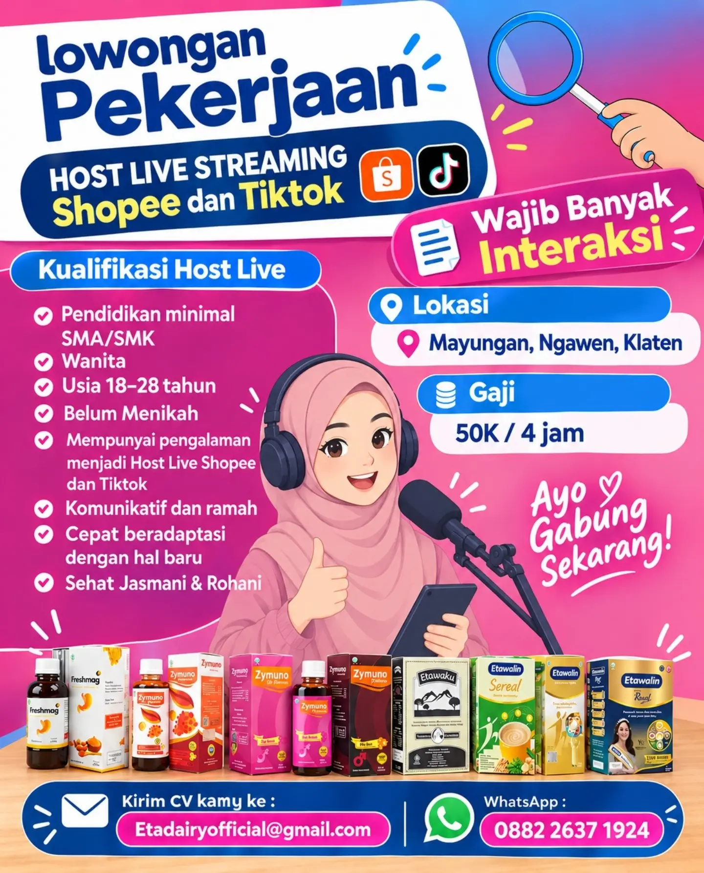 Poster Lowongan Kerja Host Live Streaming Shopee dan TikTok - Eta Dairy Official