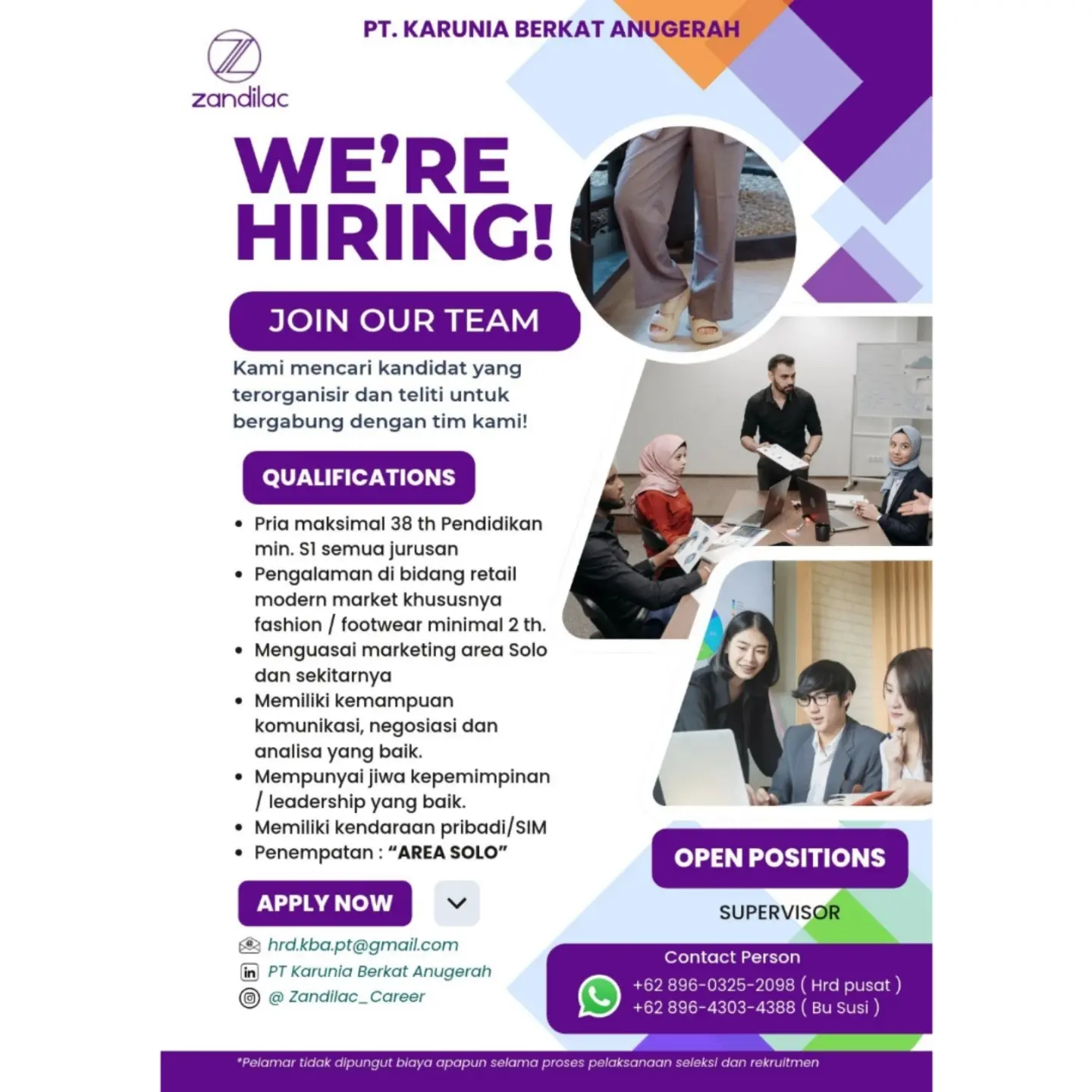 Poster Lowongan Kerja Supervisor - PT. Karunia Berkat Anugerah (Zandilac)