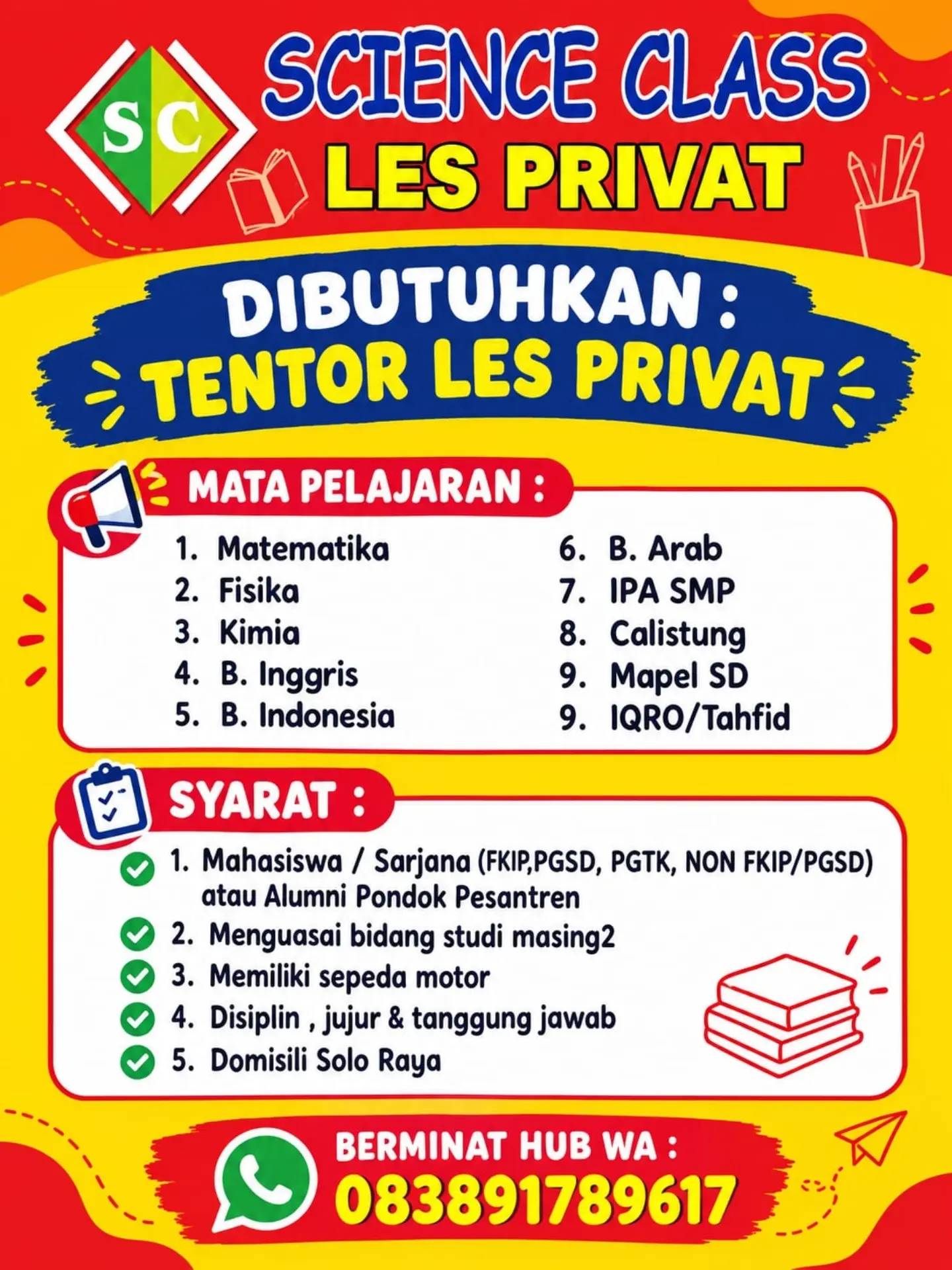 Poster Lowongan Kerja Tentor Les Privat - Science Class Les Privat