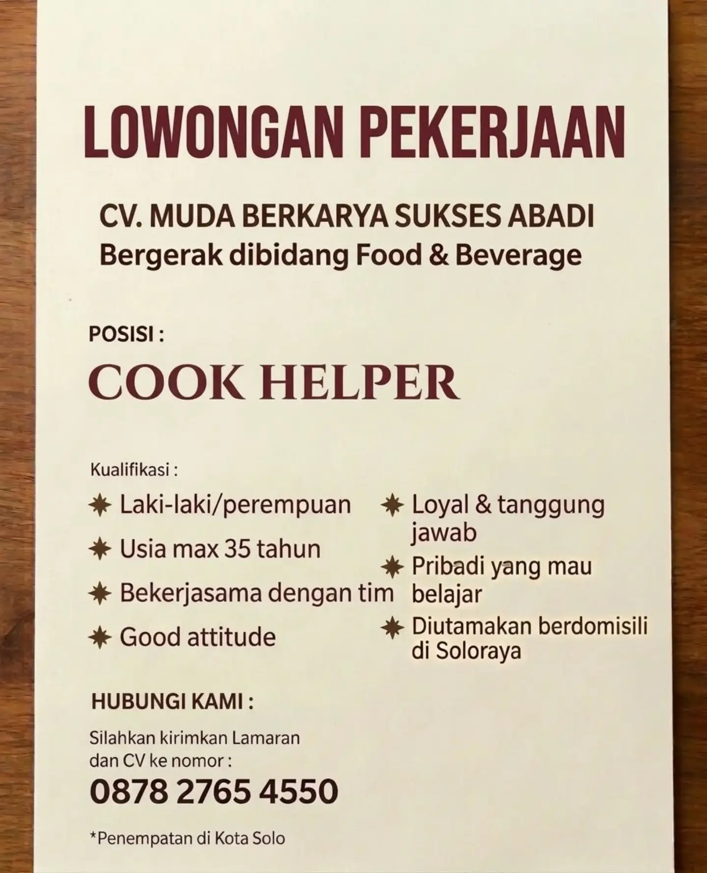 Poster Lowongan Kerja CV. Muda Berkarya Sukses Abadi Slide 1