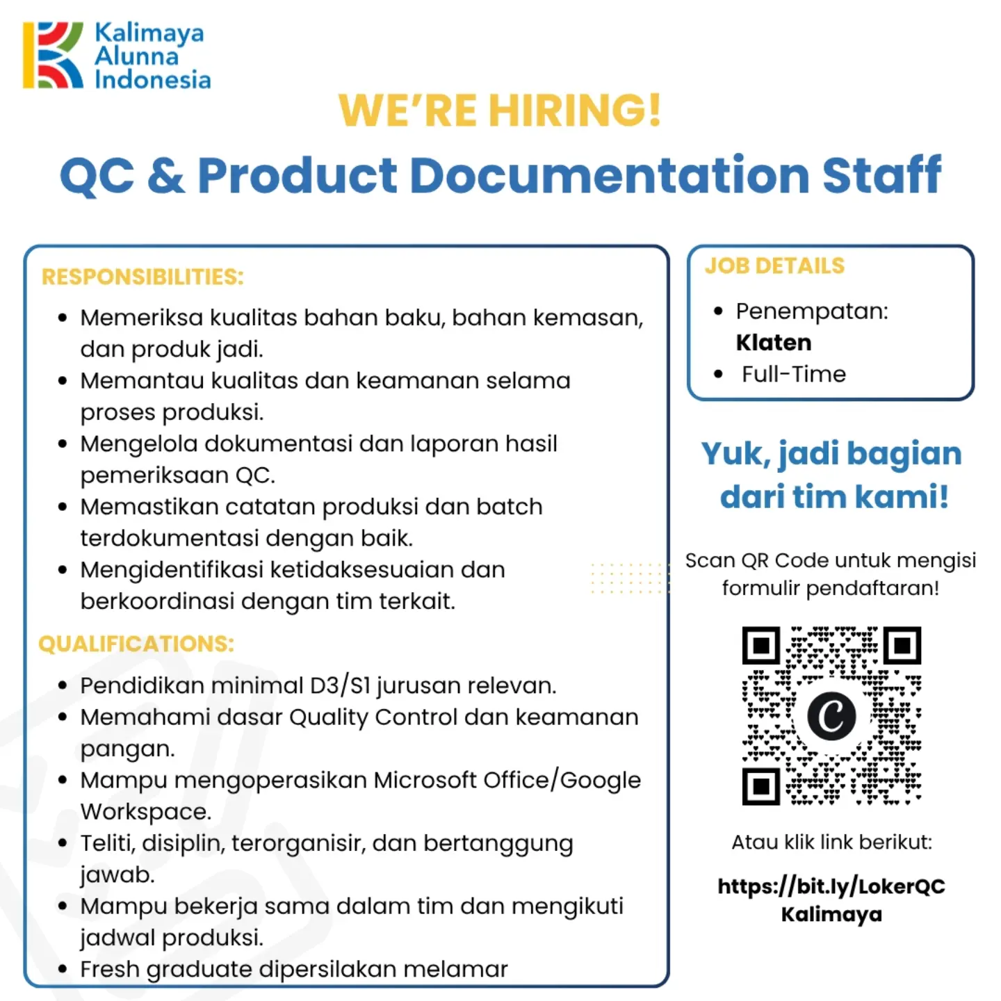 Poster Lowongan Kerja QC & Product Documentation Staff - Kalimaya Alunna Indonesia