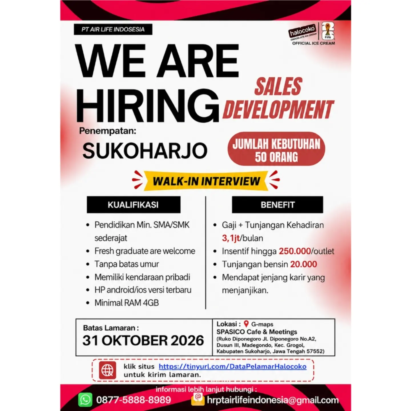 Poster Lowongan Kerja Sales Development - PT Air Life Indonesia (Halocoko)