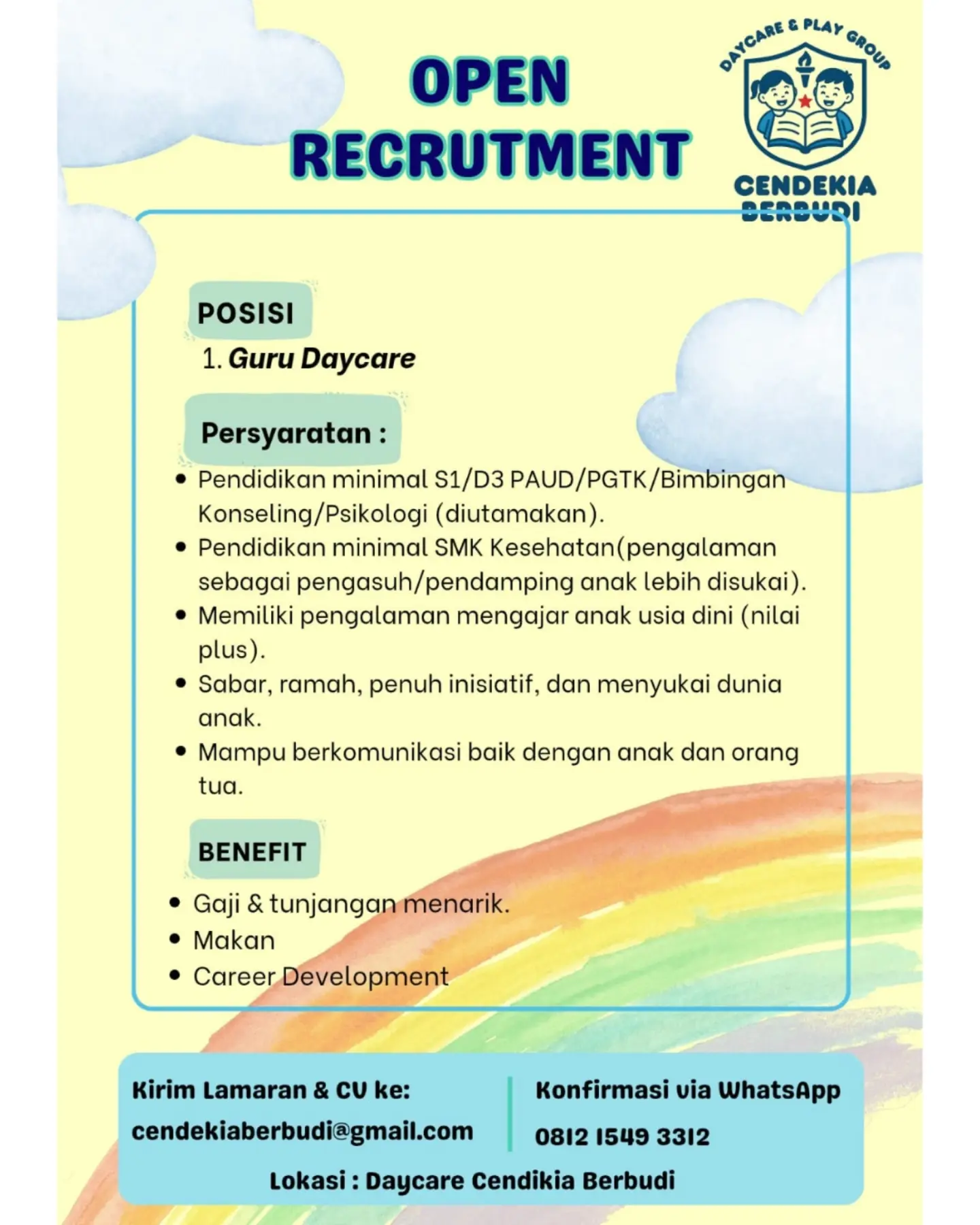 Poster Lowongan Kerja Guru Daycare - Daycare & Playgroup Cendekia Berbudi