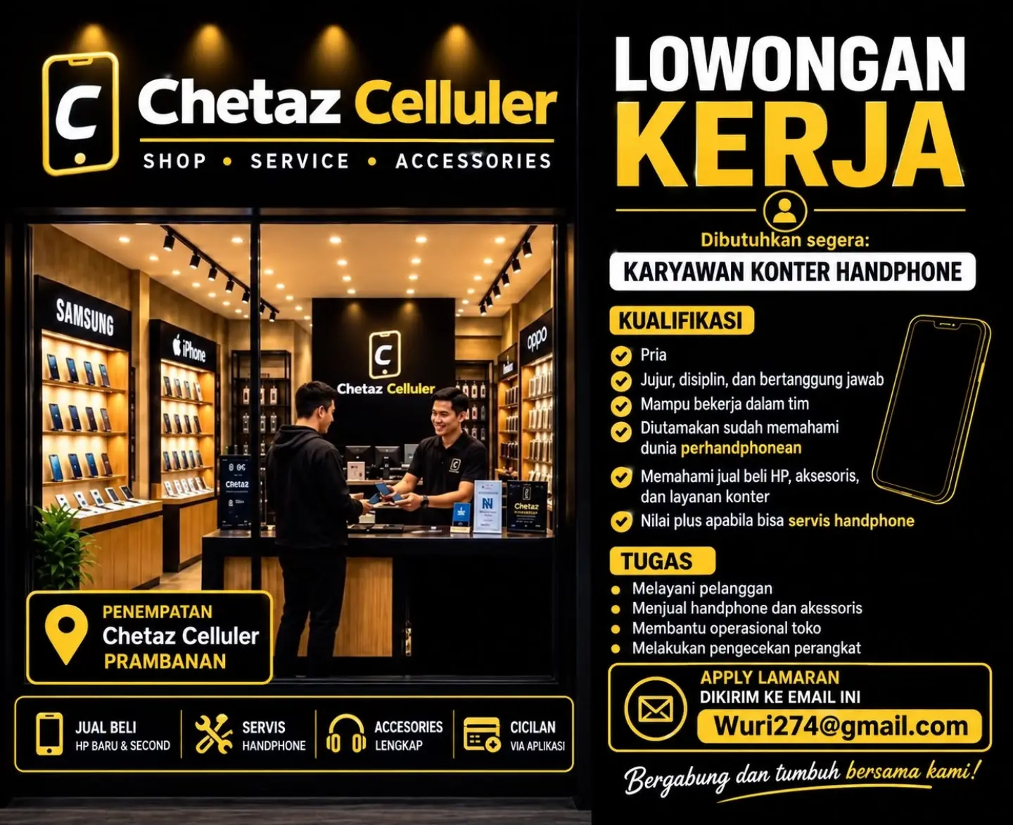 Poster Lowongan Kerja Karyawan Konter Handphone - Chetaz Celluler