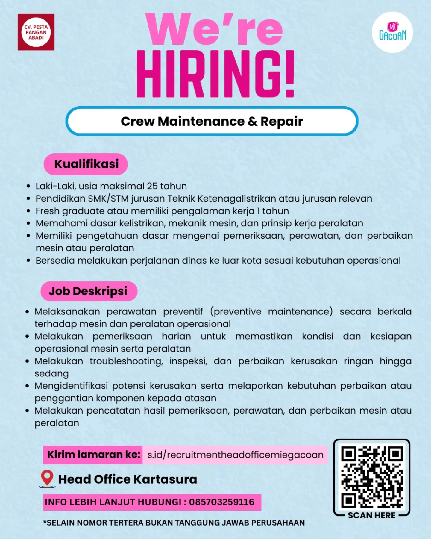 Poster Lowongan Kerja Mie Gacoan (CV. Pesta Pangan Abadi) Slide 1