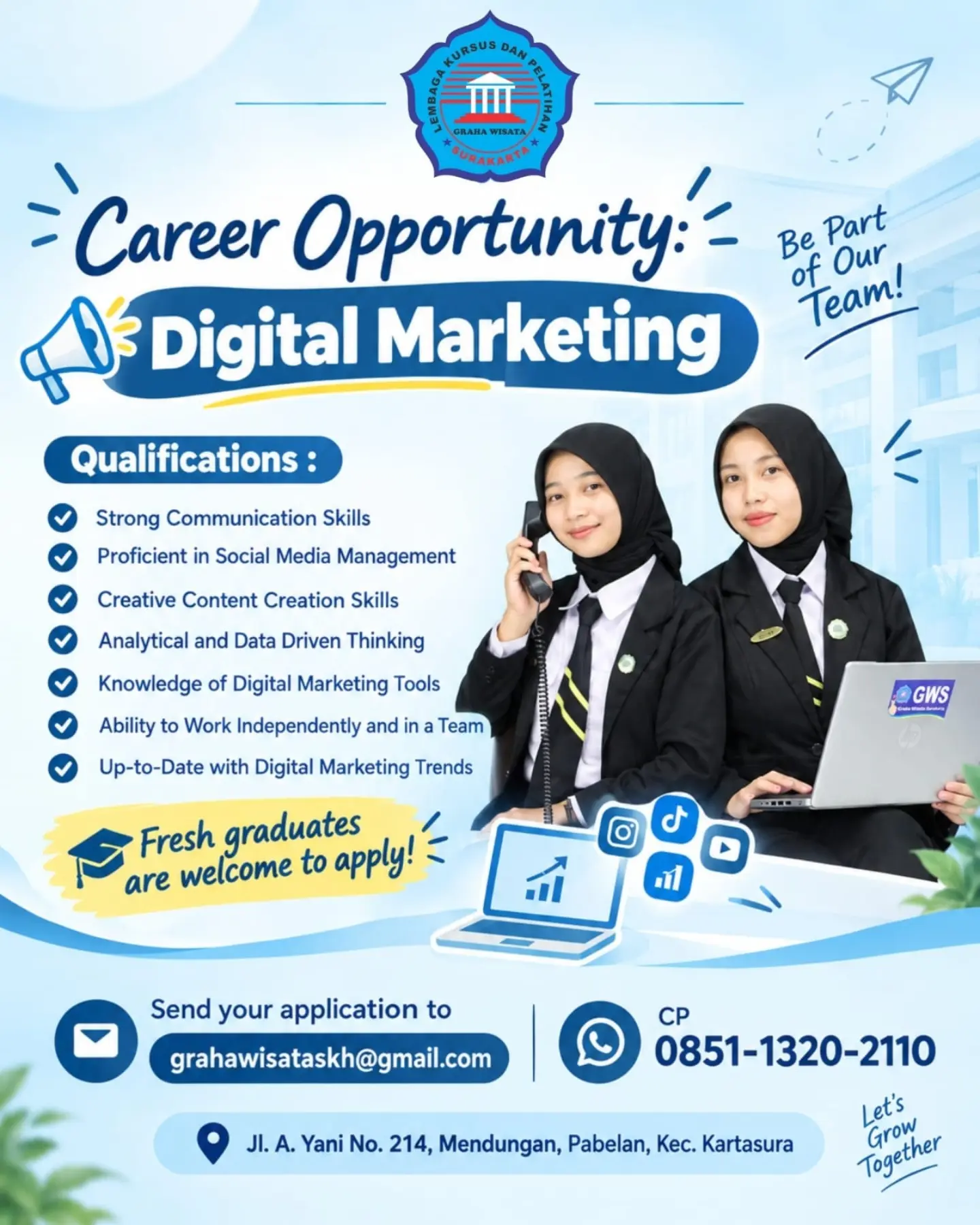 Poster Lowongan Kerja Digital Marketing - LKP Graha Wisata Surakarta
