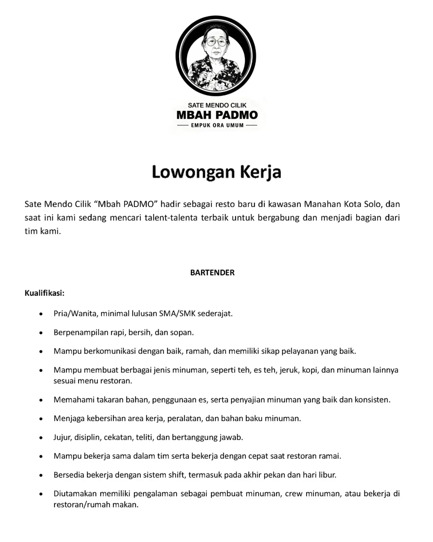 Poster Lowongan Kerja Sate Mendo Cilik 