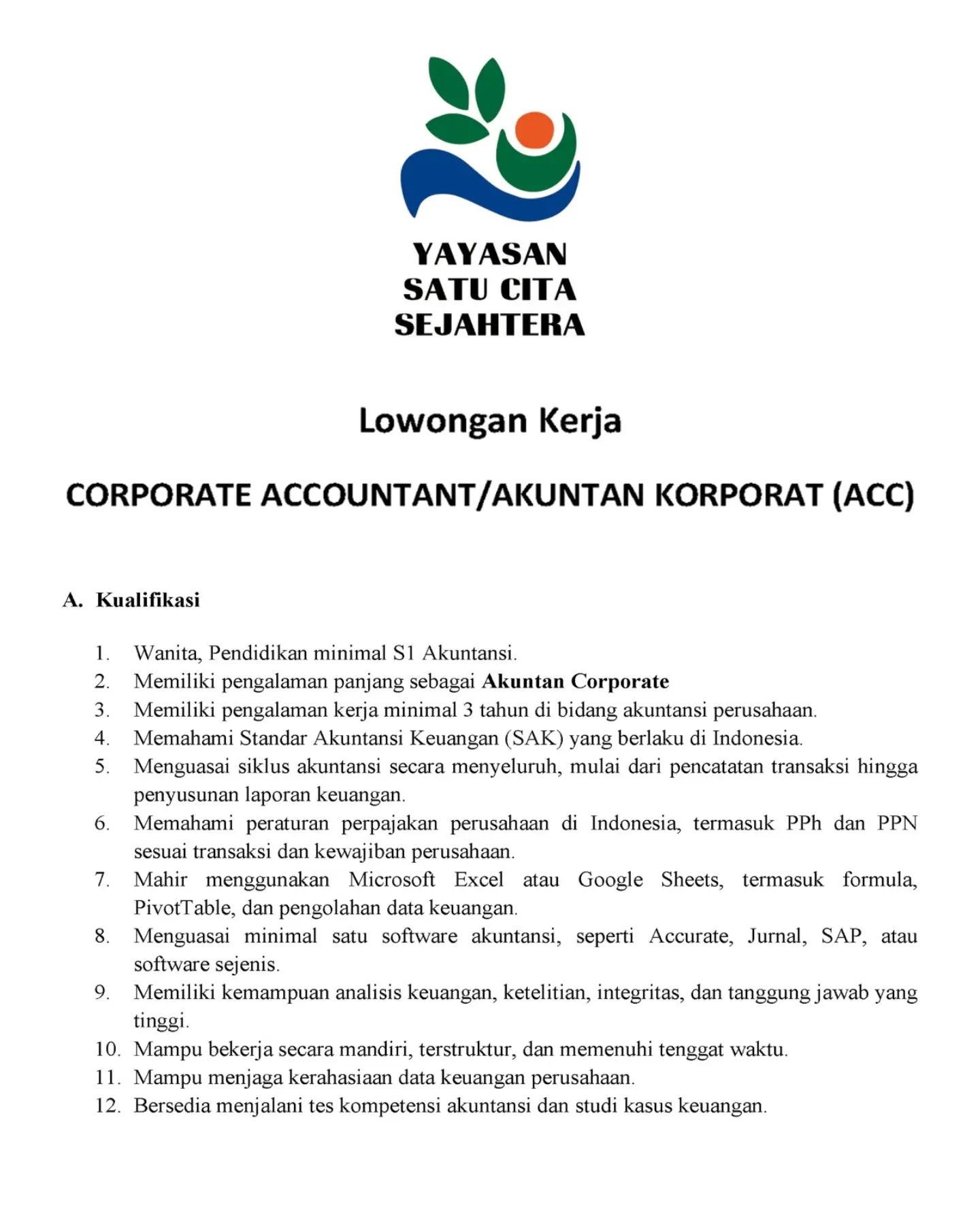 Poster Lowongan Kerja Corporate Accountant / Akuntan Korporat (ACC) - Yayasan Satu Cita Sejahtera