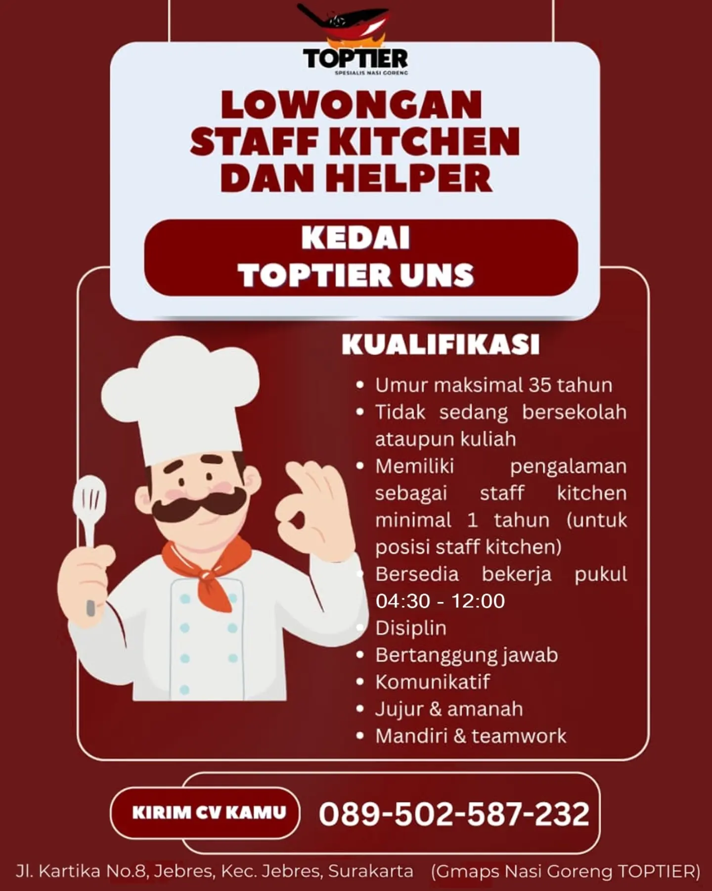 Poster Lowongan Kerja Kedai Toptier UNS (Nasi Goreng TOPTIER)