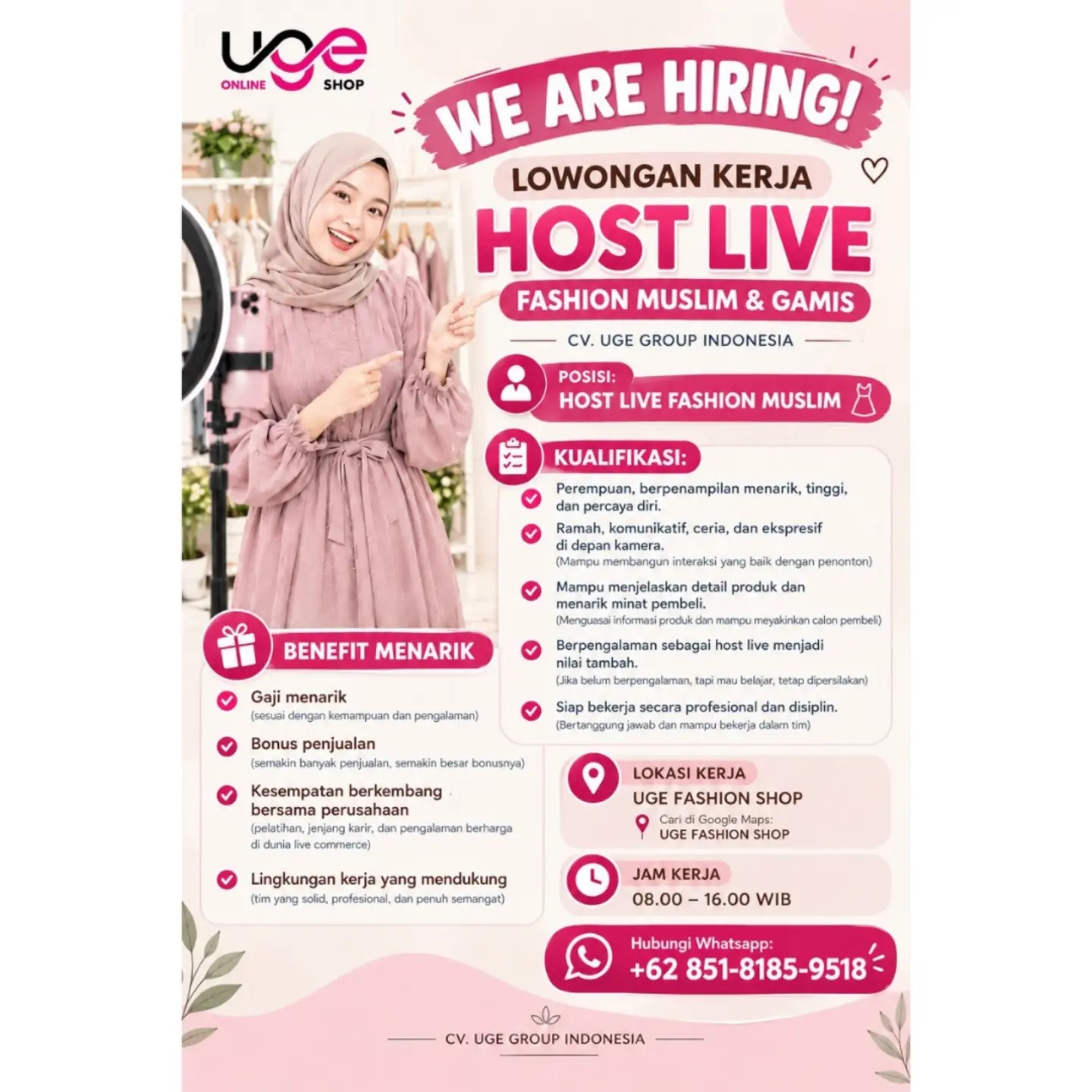 Poster Lowongan Kerja Host Live Fashion Muslim - CV. UGE Group Indonesia