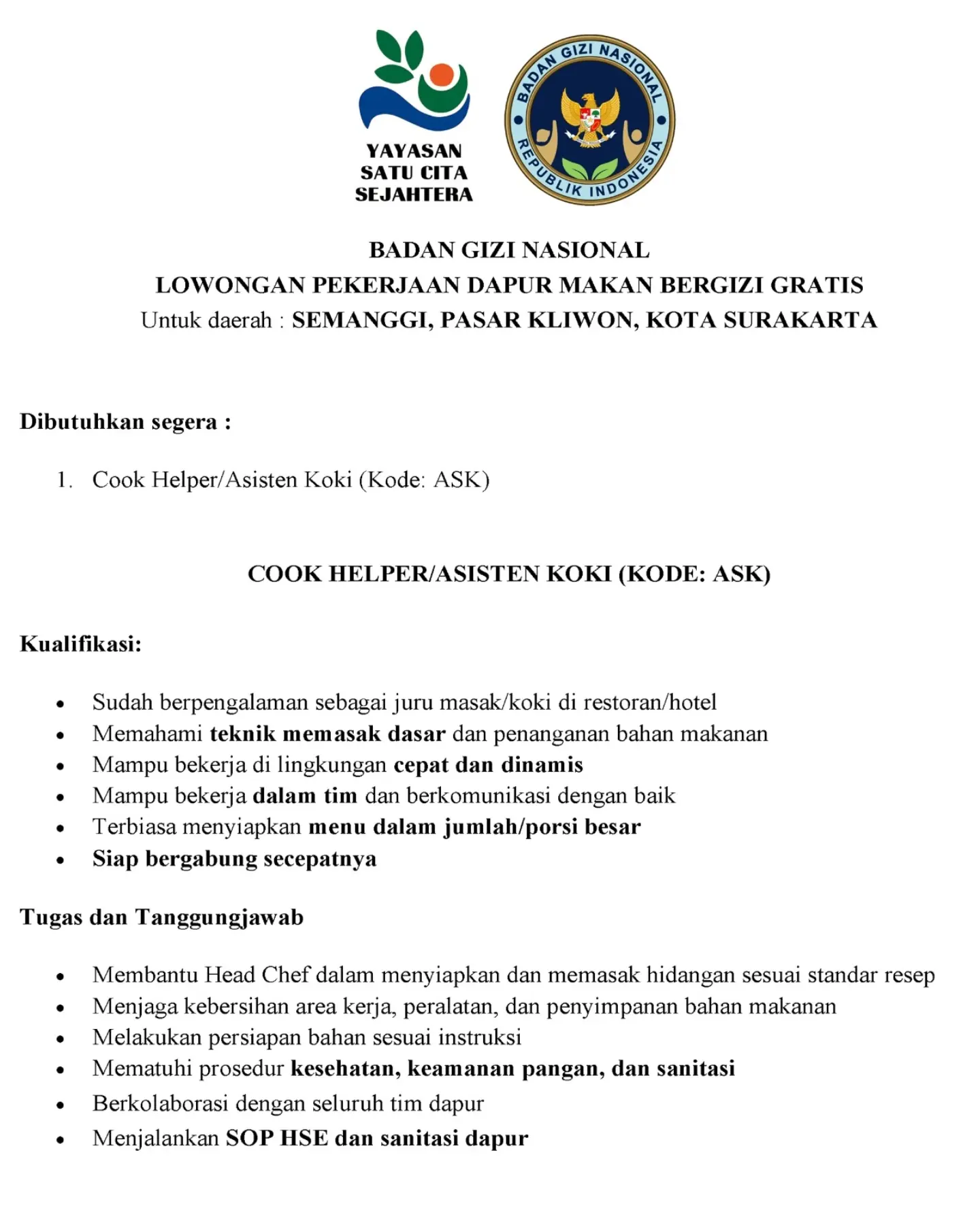 Poster Lowongan Kerja Cook Helper / Asisten Koki - Badan Gizi Nasional (Yayasan Satu Cita Sejahtera)