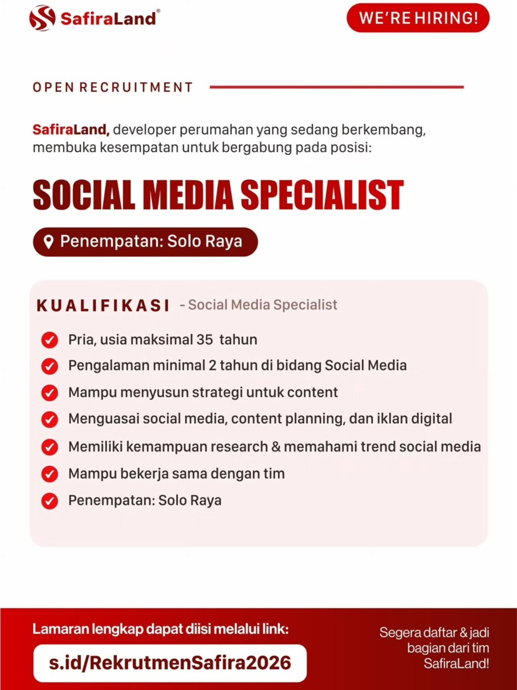 Poster Lowongan Kerja Social Media Specialist - SafiraLand
