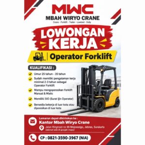 Lowongan Kerja Operator Forklift di Mbah Wiryo Crane (Surakarta)