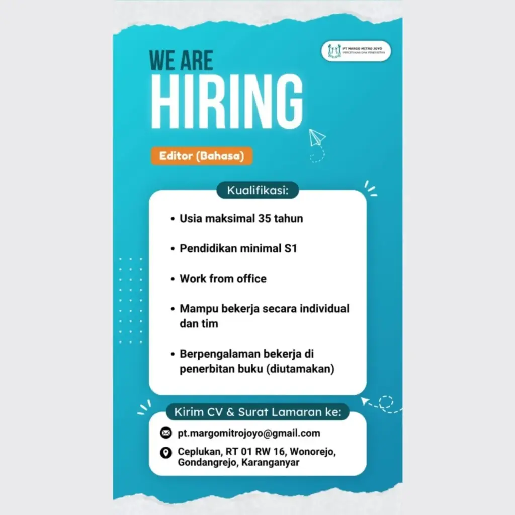 Poster Lowongan Kerja Editor (Bahasa Indonesia) - PT Margo Mitro Joyo
