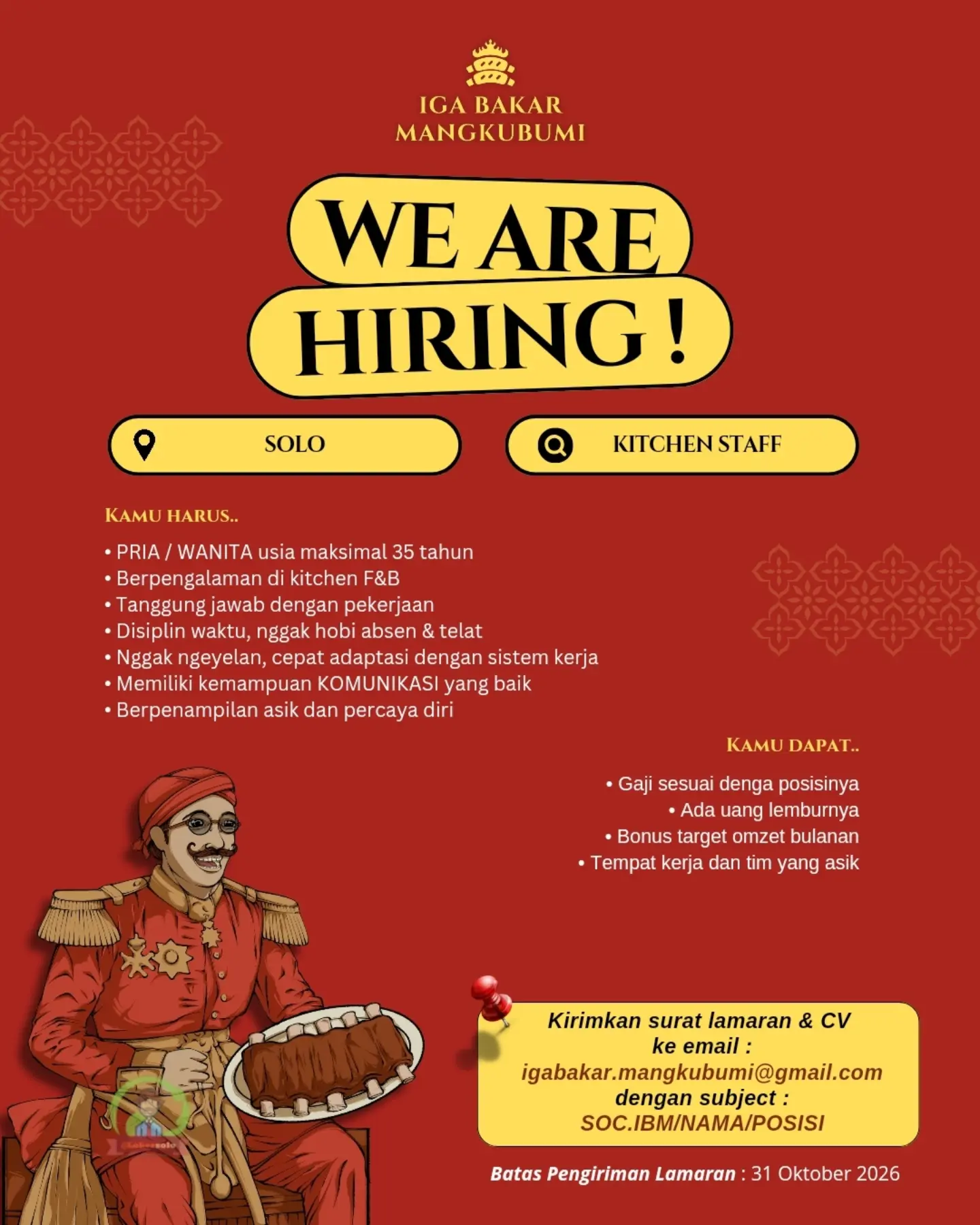 Poster Lowongan Kerja Kitchen Staff - Iga Bakar Mangkubumi