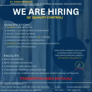 Lowongan Kerja QC (Quality Control) di PT. Kaken Indonesia (Boyolali)