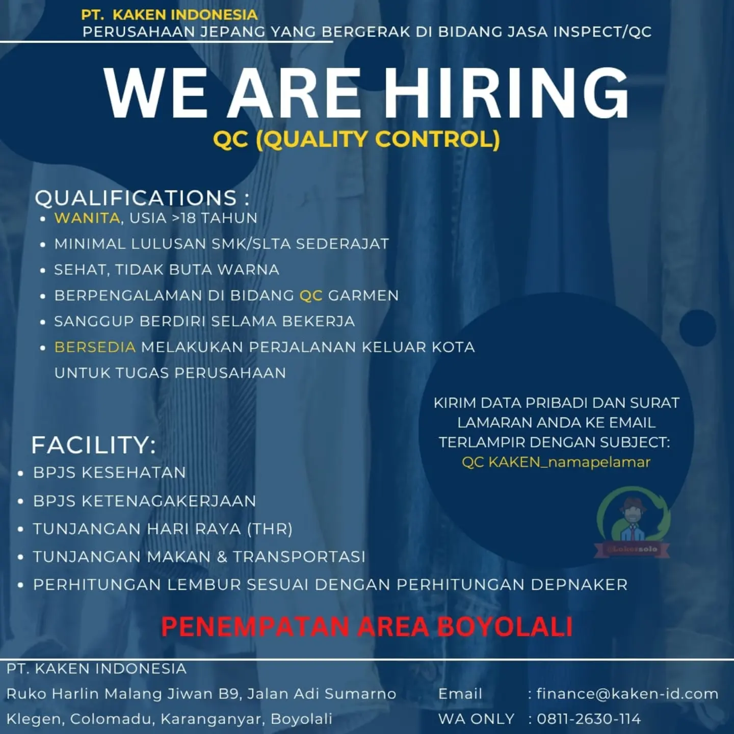 Poster Lowongan Kerja QC (Quality Control) - PT. Kaken Indonesia