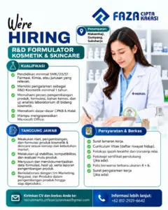 Lowongan Kerja R&D Formulator Kosmetik & Skincare di PT Faza Cipta Kreasi (Makamhaji, Gumpang, Sukoharjo)