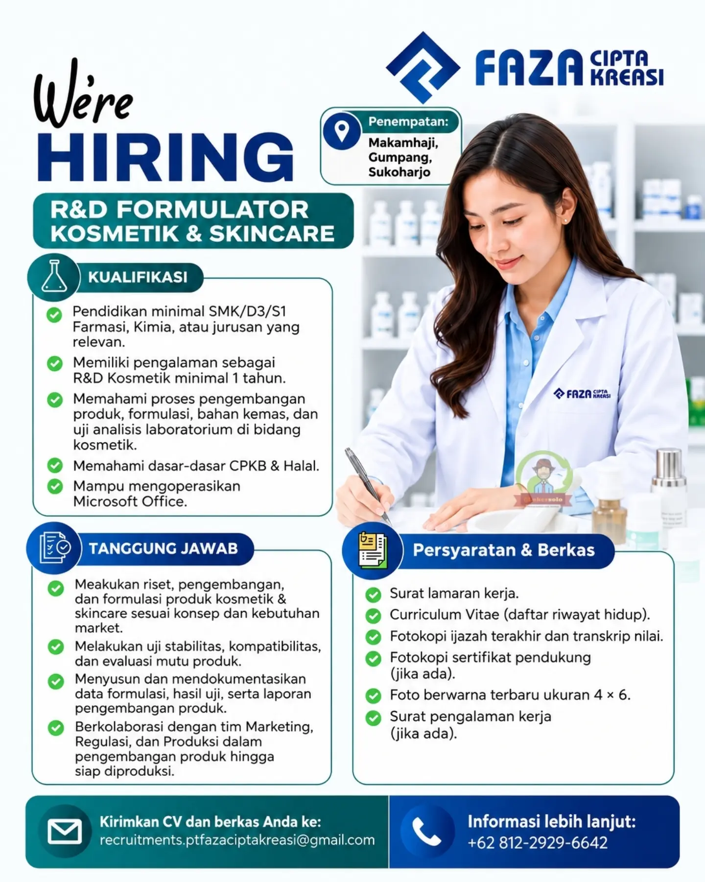 Poster Lowongan Kerja R&D Formulator Kosmetik & Skincare - PT Faza Cipta Kreasi